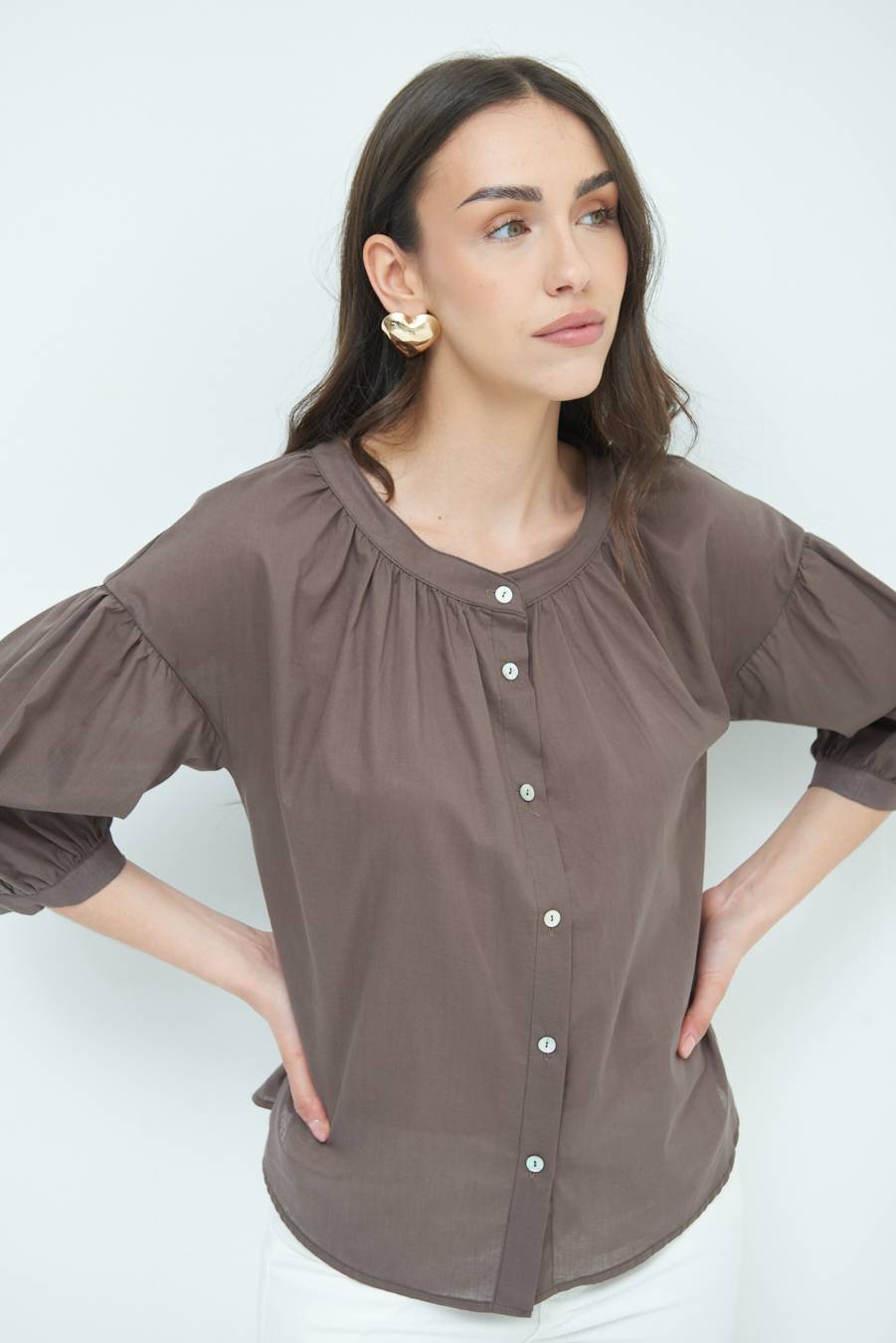 Kikisix CAMICIA SCOLLO INCRESPATO COTONE COFFEE Sottocosto