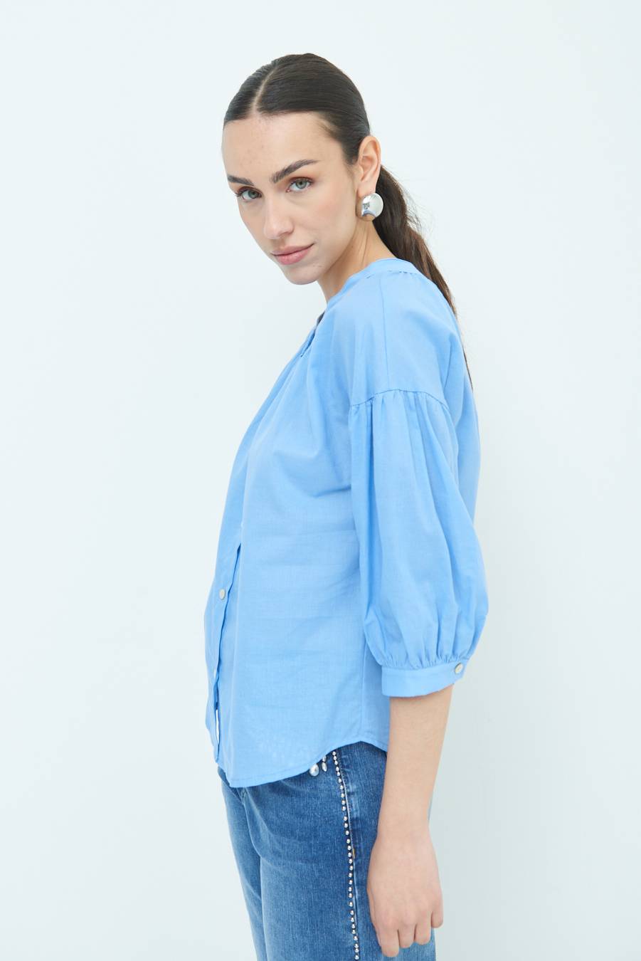 Kikisix CAMICIA SCOLLO INCRESPATO COTONE CELESTE Convenienza