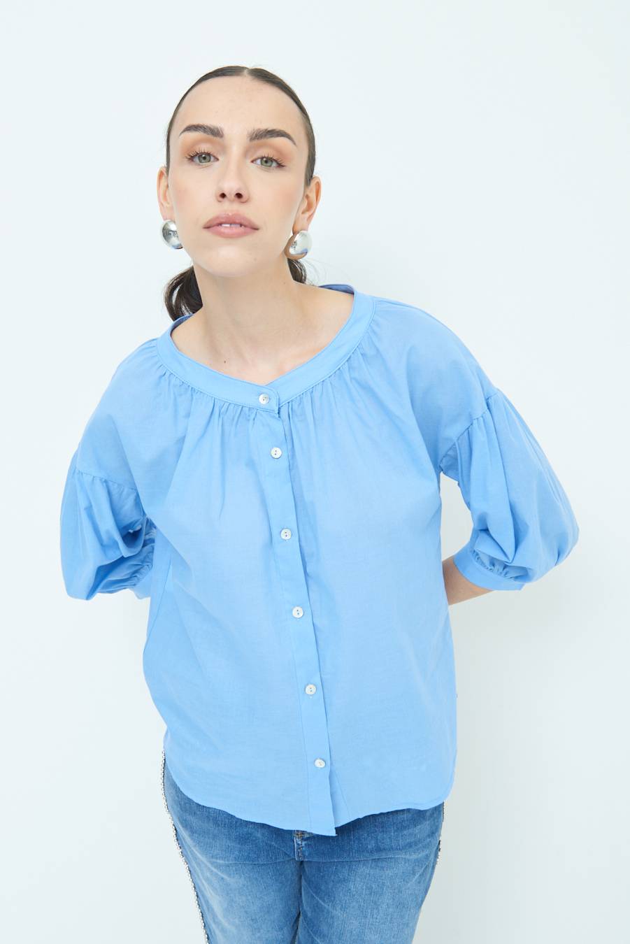 Kikisix CAMICIA SCOLLO INCRESPATO COTONE CELESTE Convenienza