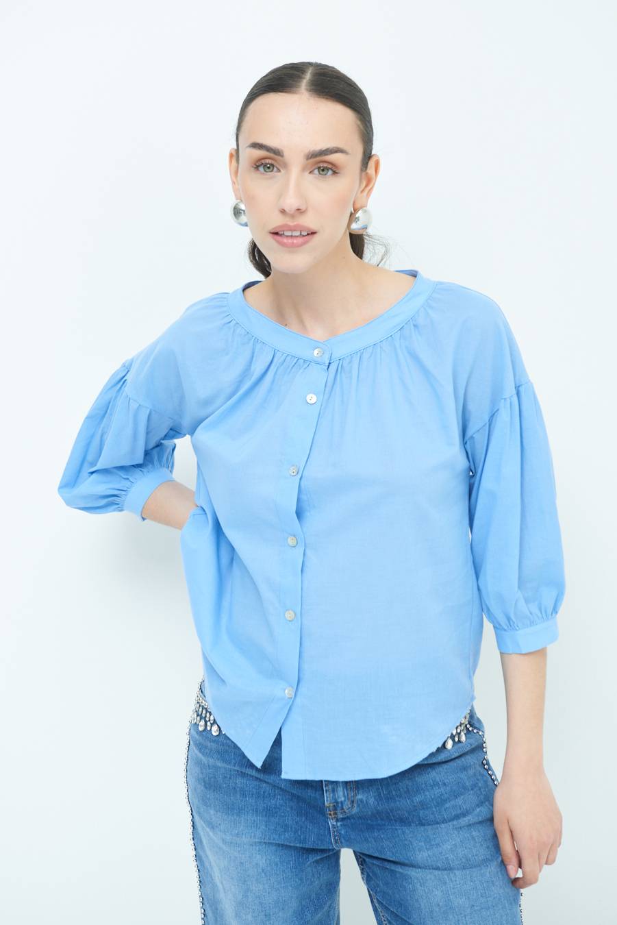 Kikisix CAMICIA SCOLLO INCRESPATO COTONE CELESTE Convenienza