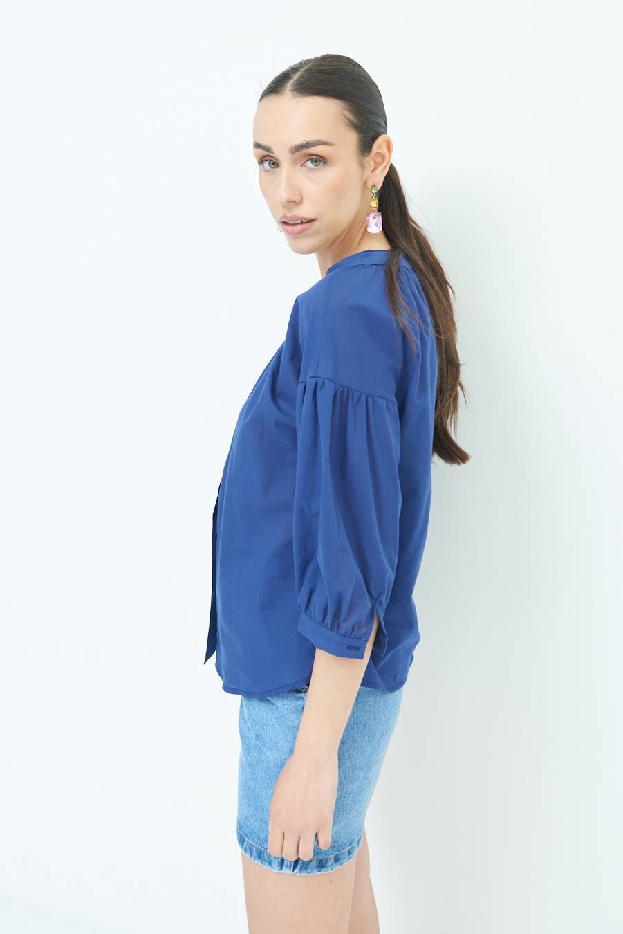 Kikisix CAMICIA SCOLLO INCRESPATO COTONE BLU Novità