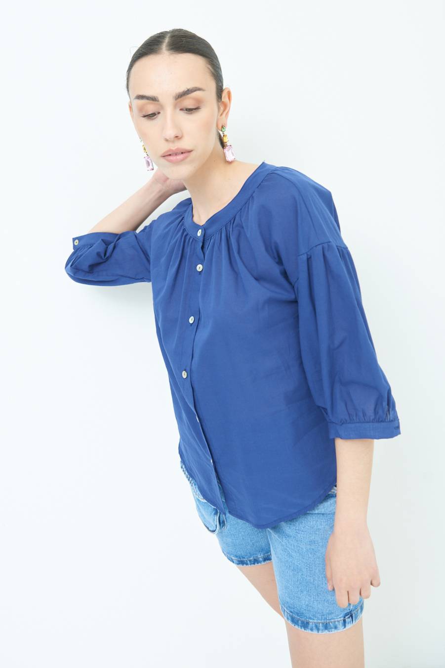 Kikisix CAMICIA SCOLLO INCRESPATO COTONE BLU Novità
