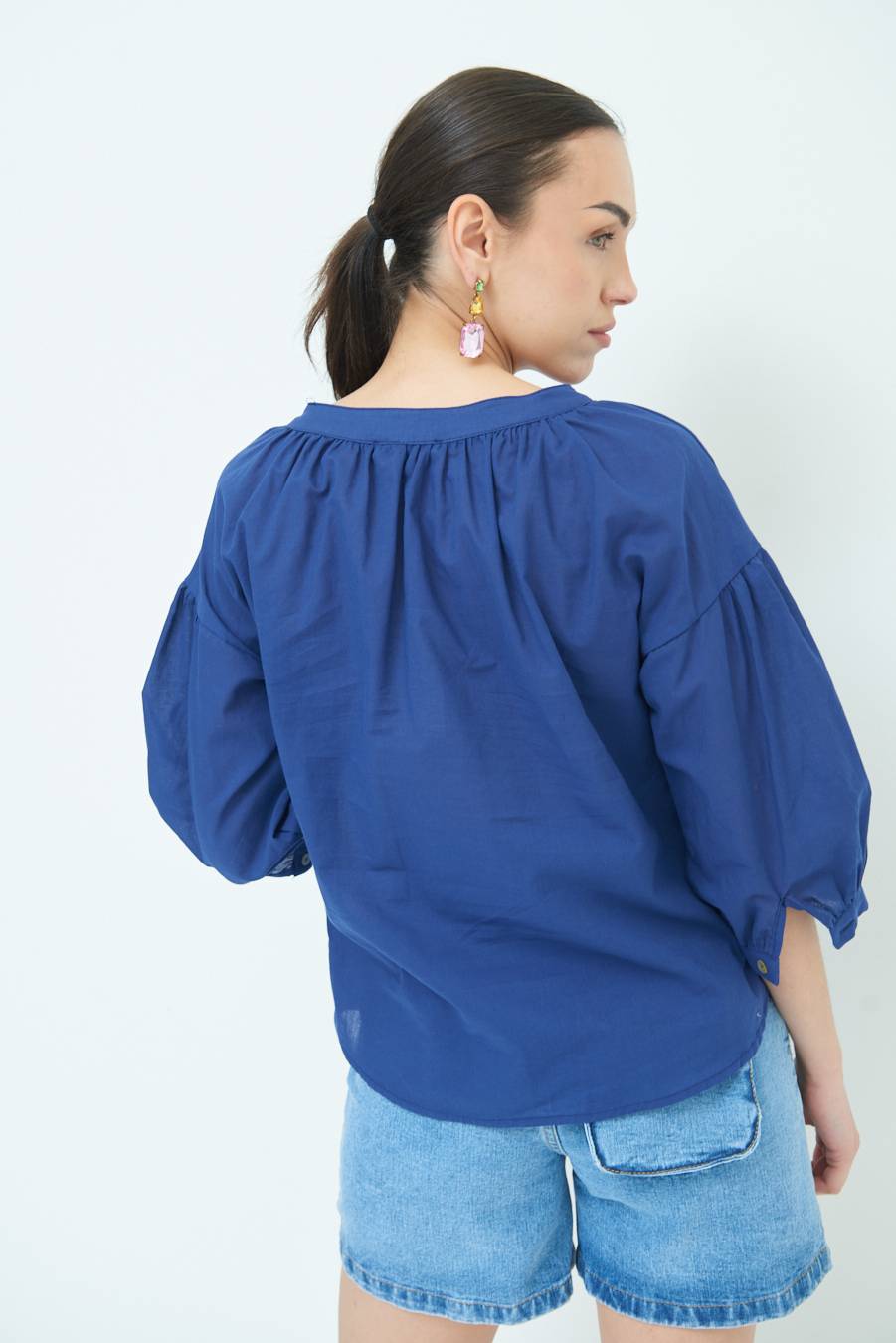 Kikisix CAMICIA SCOLLO INCRESPATO COTONE BLU Novità