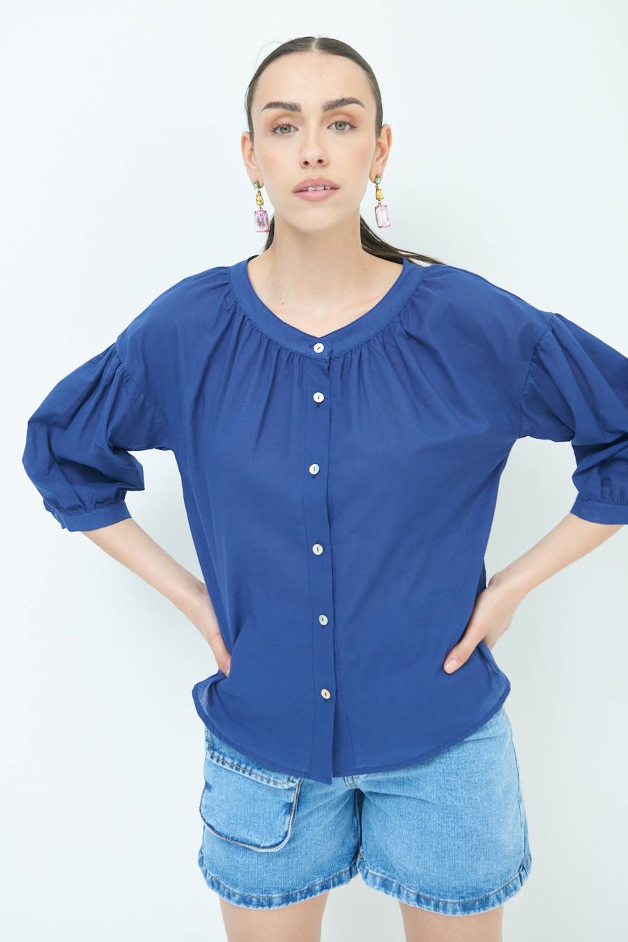 Kikisix CAMICIA SCOLLO INCRESPATO COTONE BLU Novità