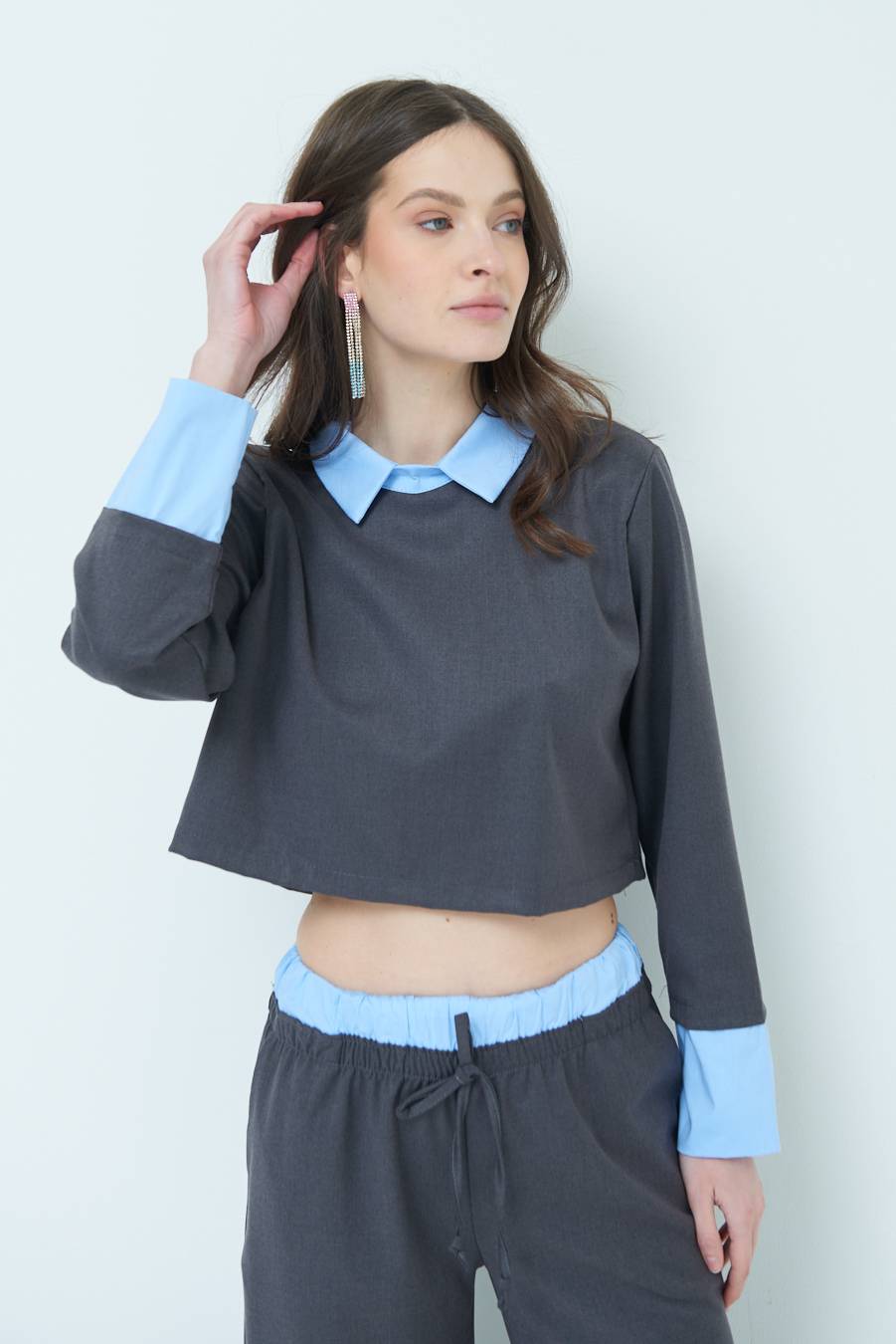 Kikisix CASACCA FINTA CAMICIA CELESTE/GRIGIO Presa