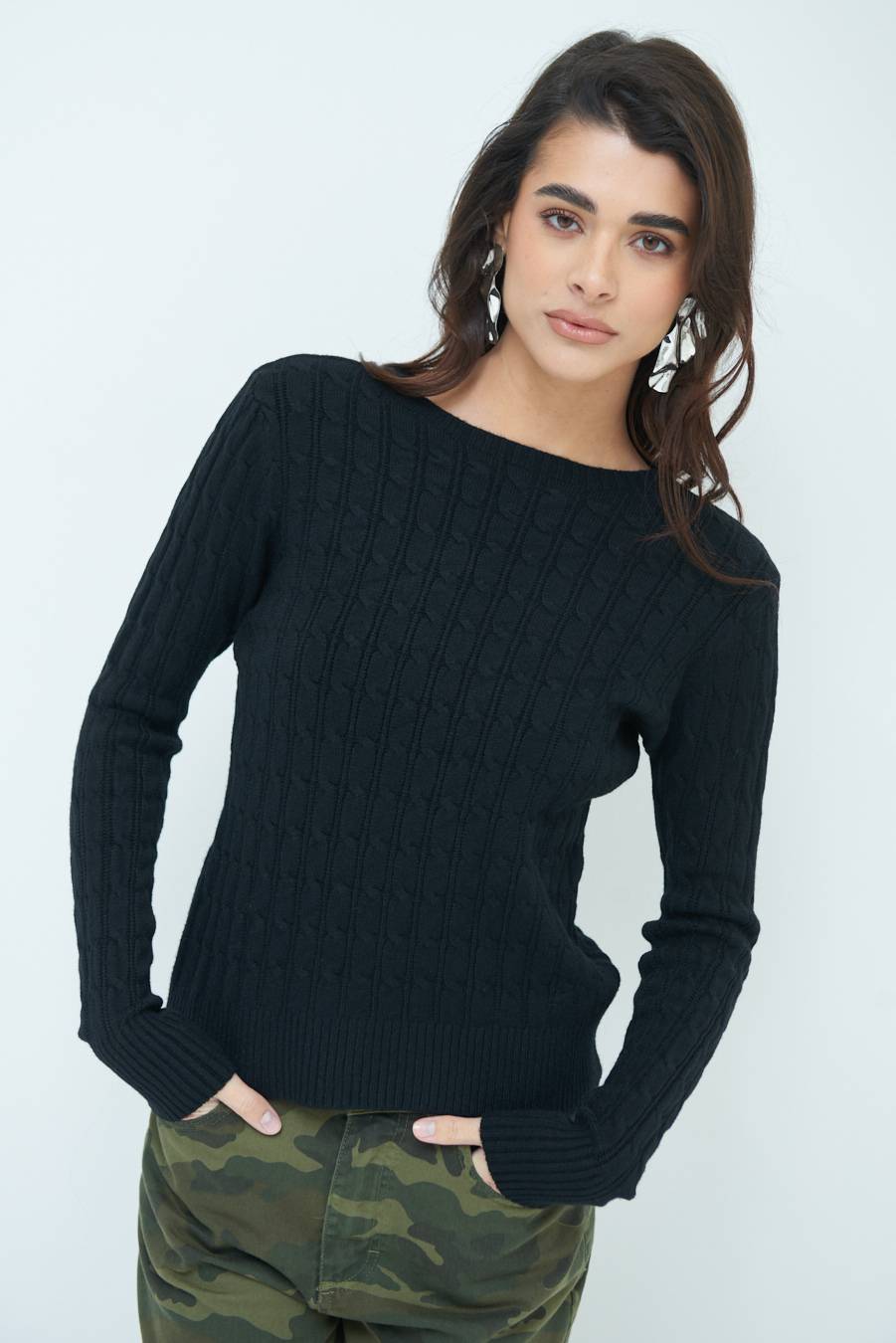Kikisix MAGLIA PARICOLLO DISEGNO TRECCIA NERO Shopping Online
