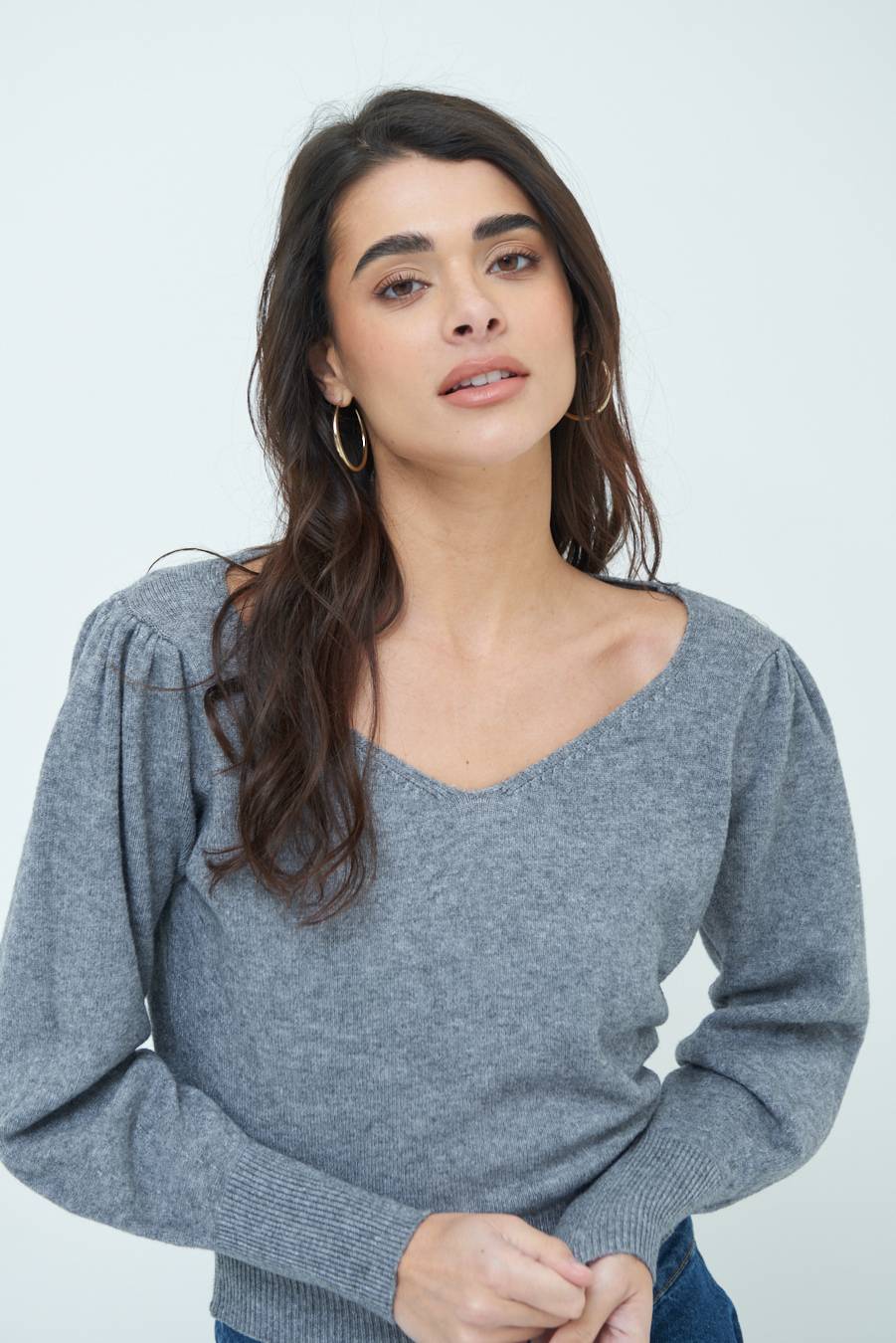 Kikisix MAGLIA SCOLLO V CON MANICA INCRESPATA GRIGIO Convenienza