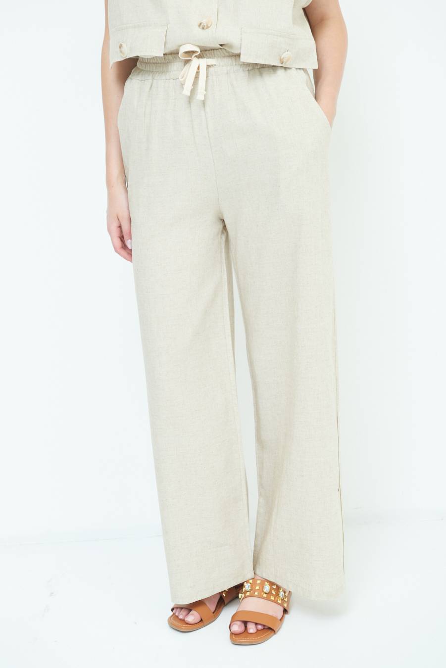 Kikisix PANTA PALAZZO CON ELASTICO VISCOSA LINO NATURALE Online