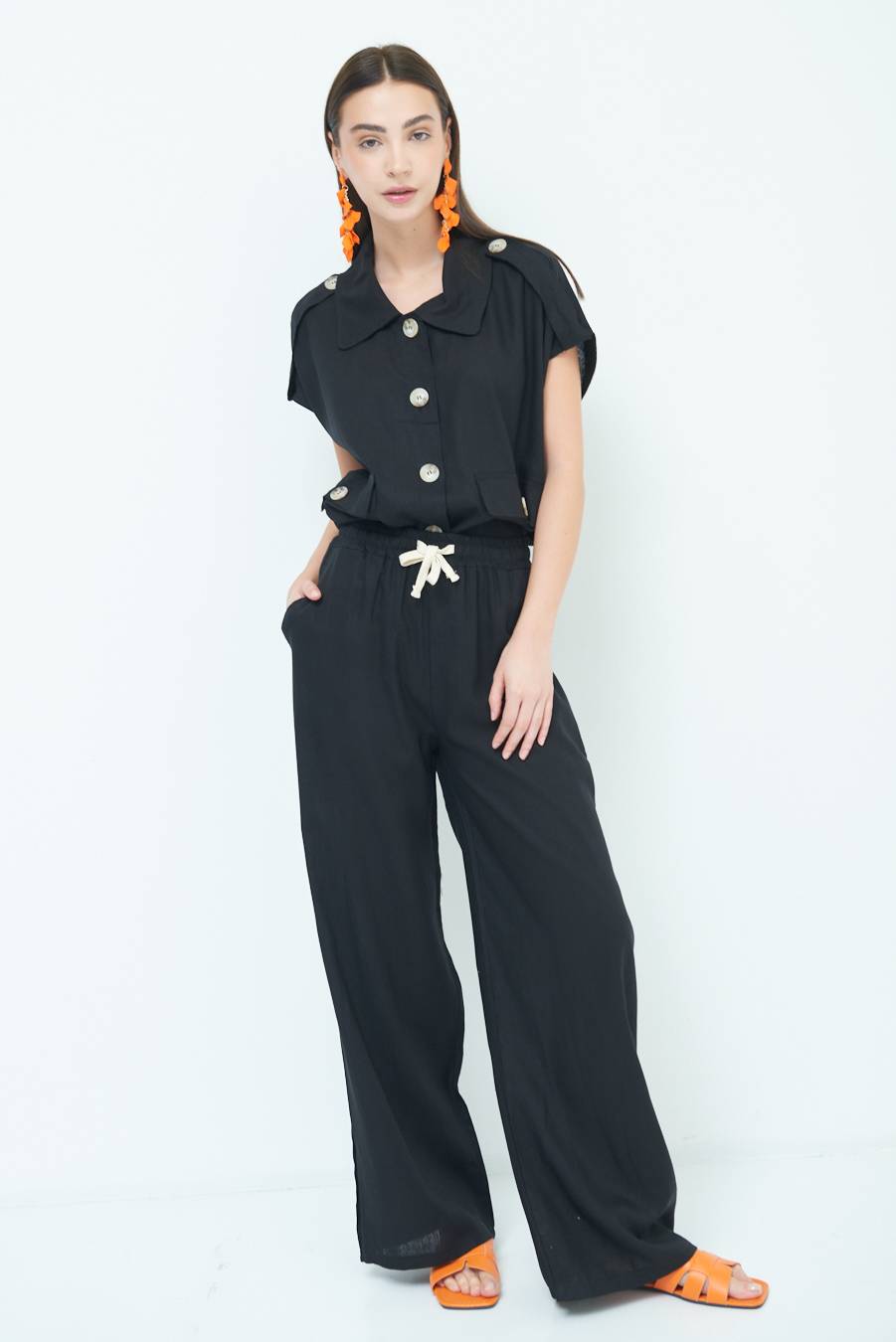Kikisix PANTA PALAZZO CON ELASTICO VISCOSA LINO NERO Outlet