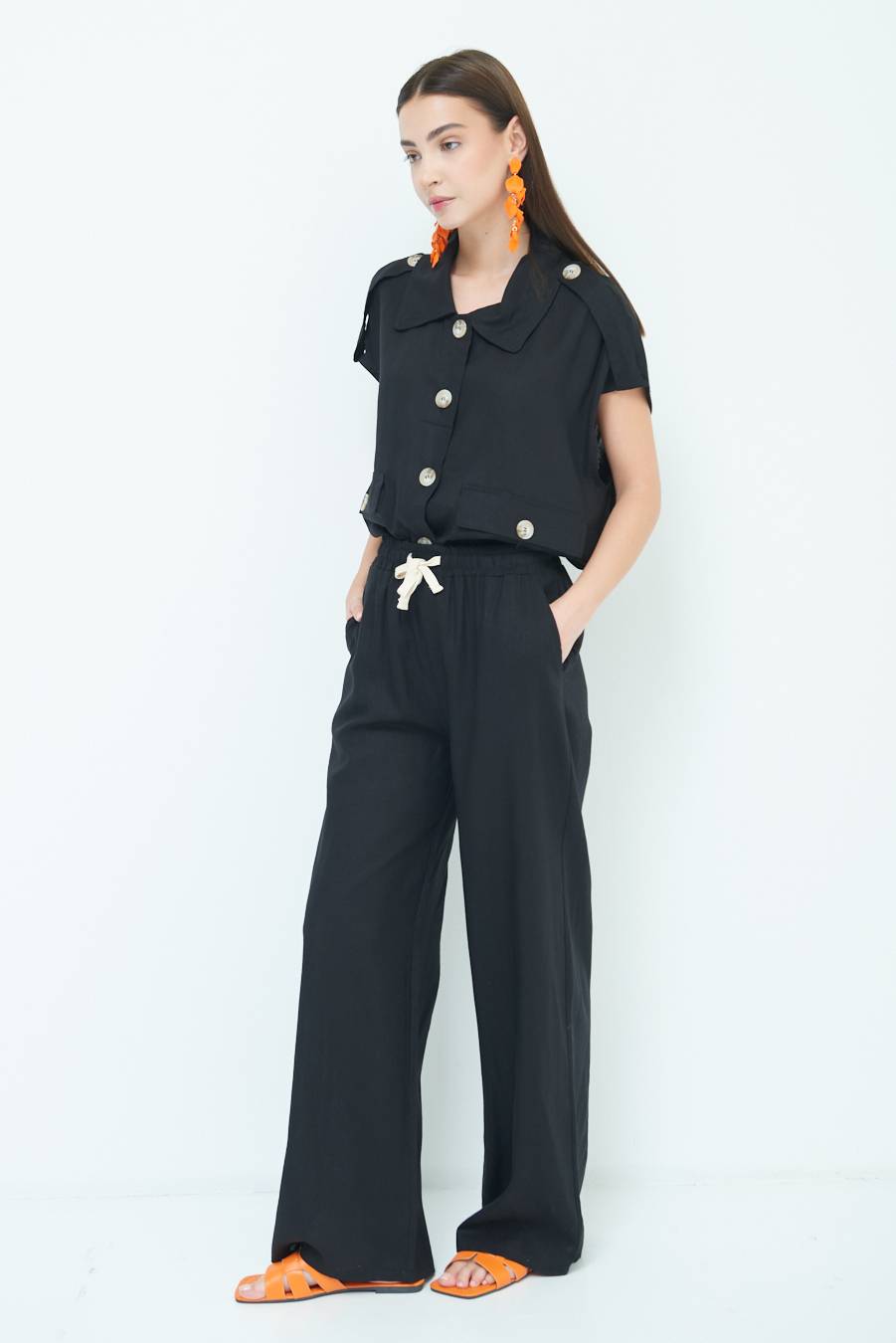 Kikisix PANTA PALAZZO CON ELASTICO VISCOSA LINO NERO Outlet