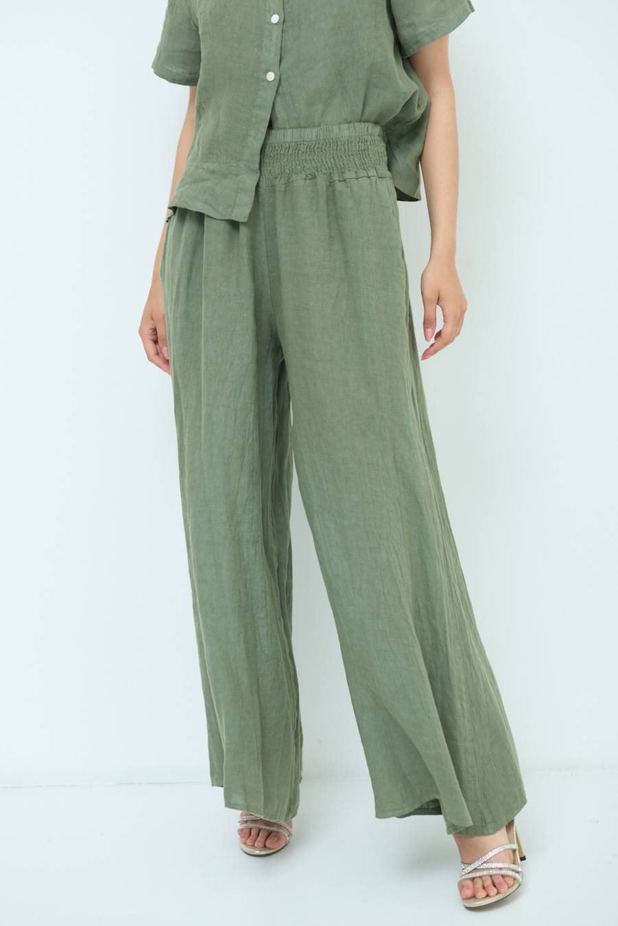 Kikisix PANTA PALAZZO LINO CON ELASTICI VERDE MILITARE Vendita Calda