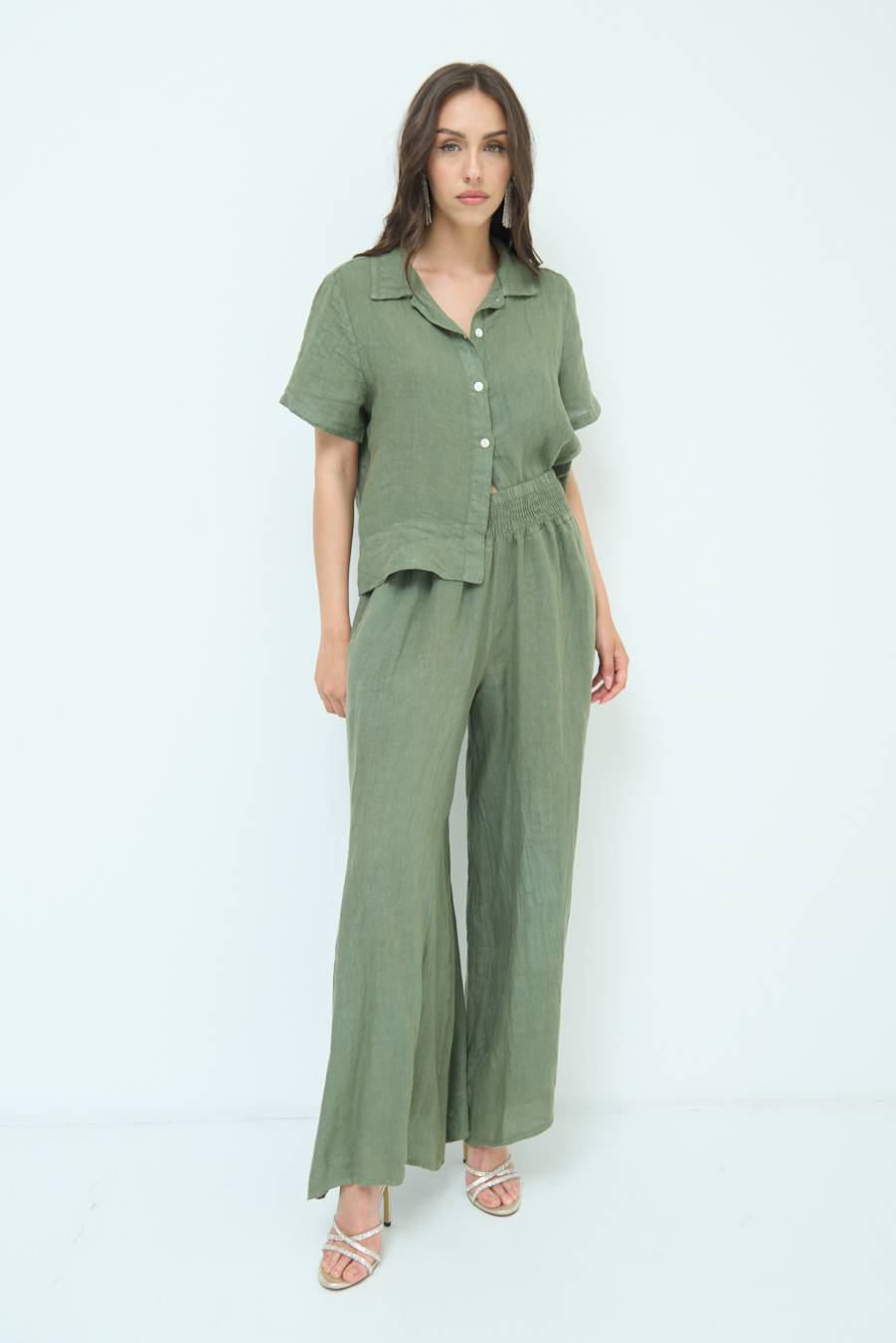 Kikisix PANTA PALAZZO LINO CON ELASTICI VERDE MILITARE Vendita Calda