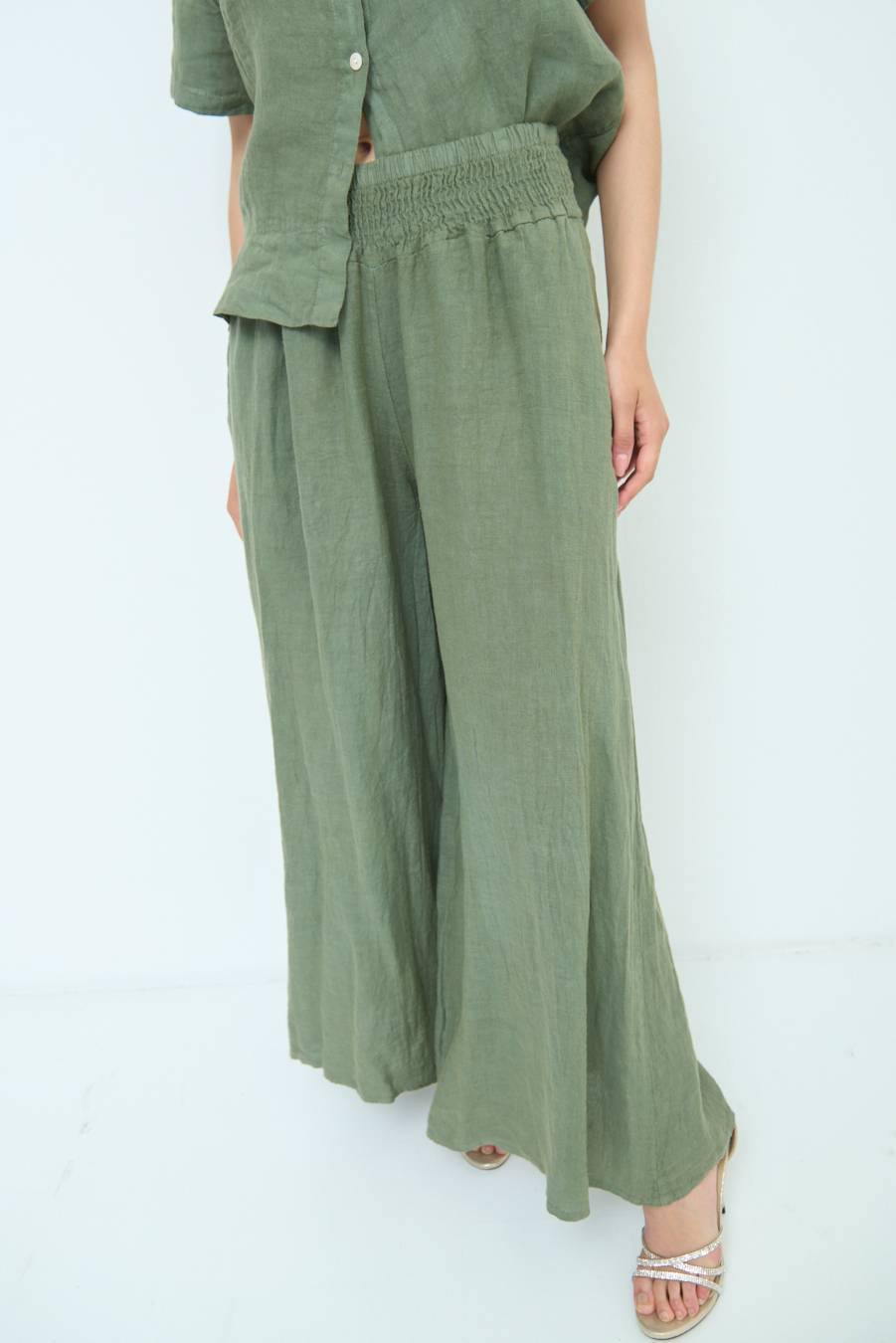 Kikisix PANTA PALAZZO LINO CON ELASTICI VERDE MILITARE Vendita Calda
