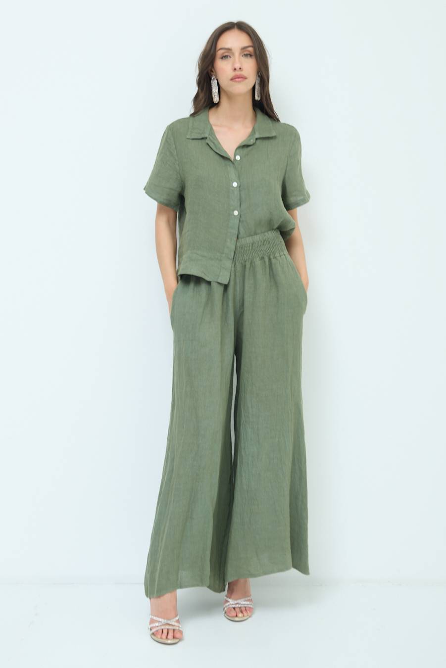 Kikisix PANTA PALAZZO LINO CON ELASTICI VERDE MILITARE Vendita Calda