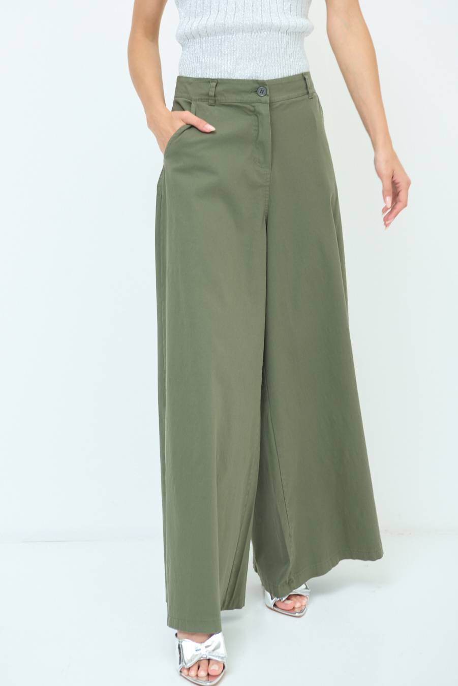 Kikisix PANTALONE PALAZZO COTONE VERDE MILITARE Vendite Flash