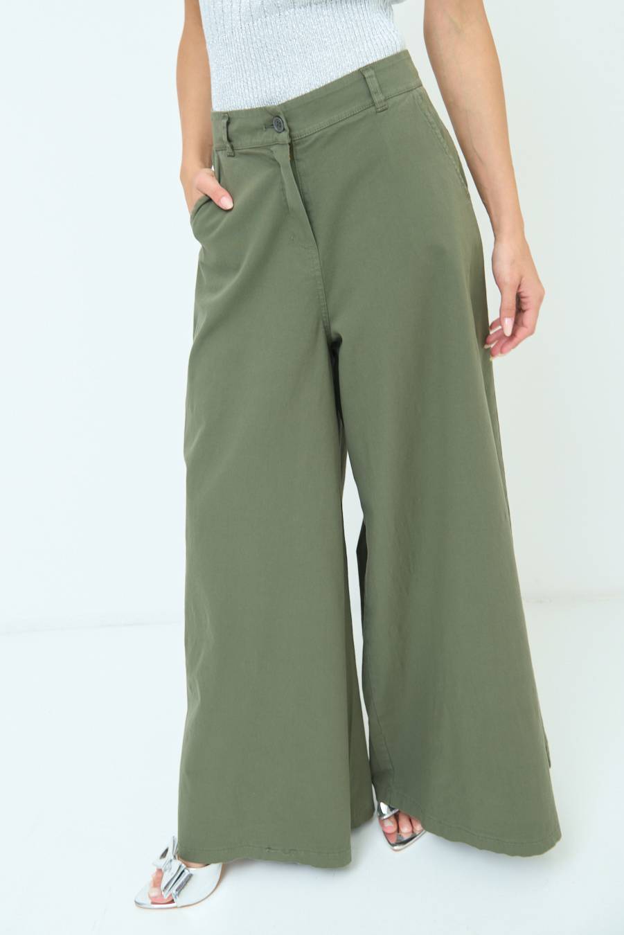 Kikisix PANTALONE PALAZZO COTONE VERDE MILITARE Vendite Flash