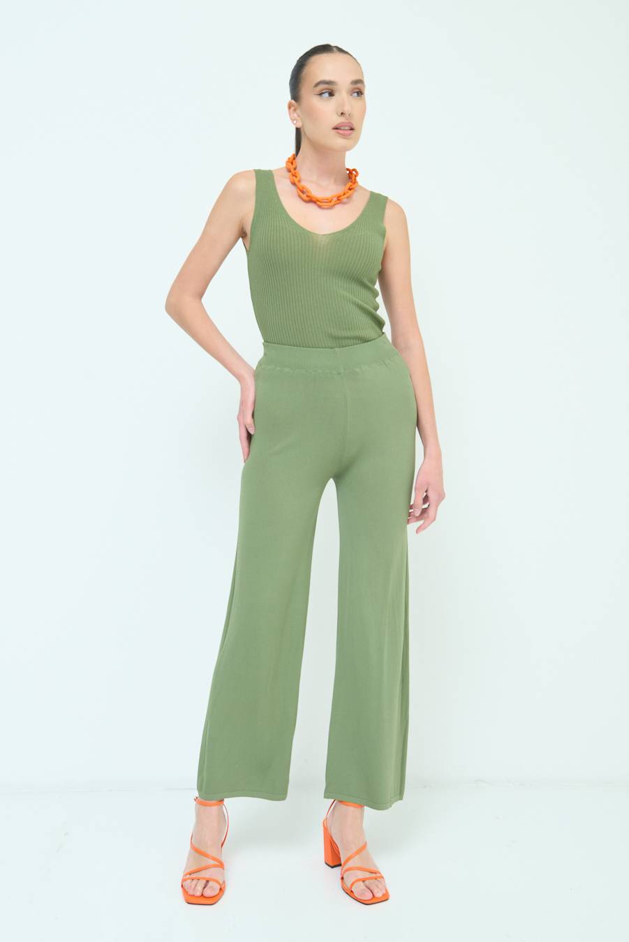 Kikisix PANTALONE PALAZZO MAGLIERIA VERDE MILITARE Nuova