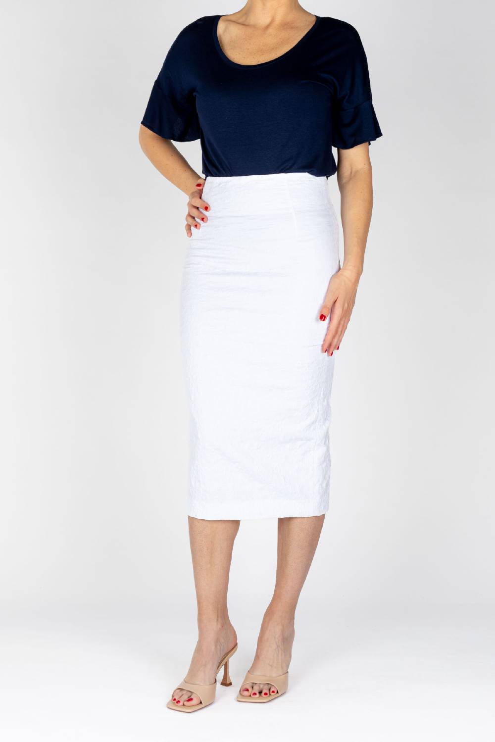 L.Pucci Gonna a tubino vita alta effetto bustier tessuto jacquard fiore colore bianco Sottocosto