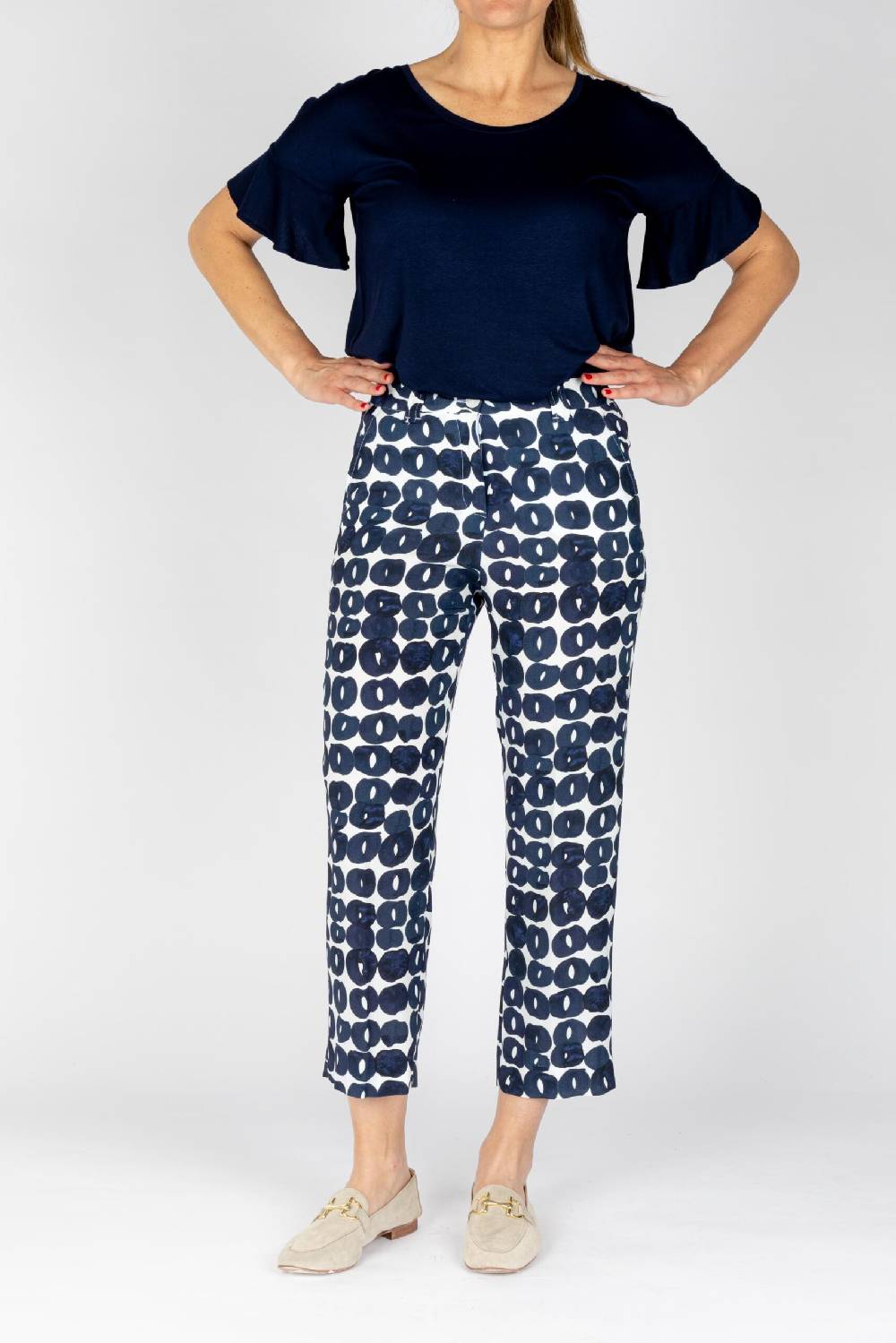 L.Pucci Pantaloni colore blu gamba larga tessuto viscosa stampa cerchio In Vendita
