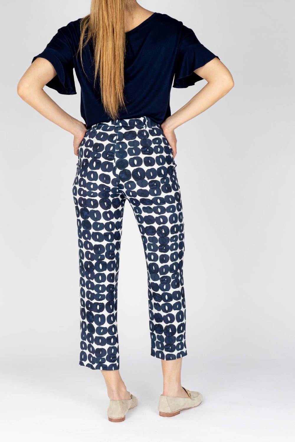 L.Pucci Pantaloni colore blu gamba larga tessuto viscosa stampa cerchio In Vendita