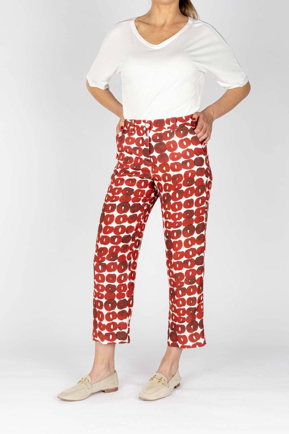 L.Pucci Pantaloni colore paprika gamba larga tessuto viscosa stampa cerchio Offerte