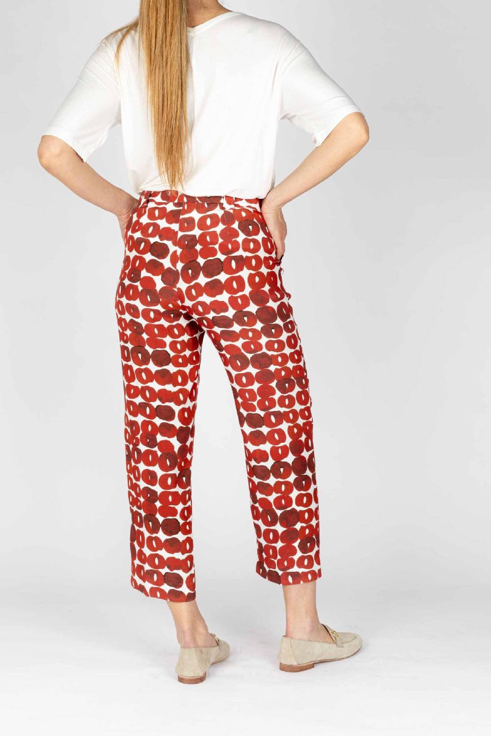 L.Pucci Pantaloni colore paprika gamba larga tessuto viscosa stampa cerchio Offerte