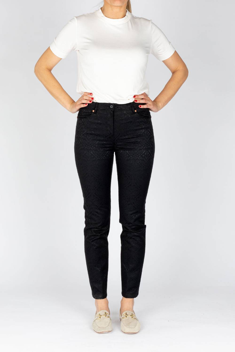 L.Pucci Pantaloni disegno fiore colore nero, linea Jeans tessuto jacquard Moda