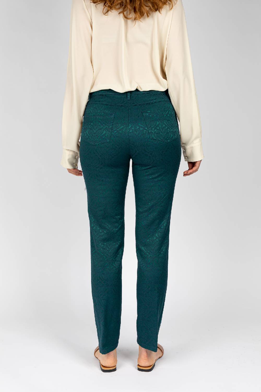 L.Pucci Pantaloni disegno fiore colore verde, linea Jeans tessuto jacquard 2025