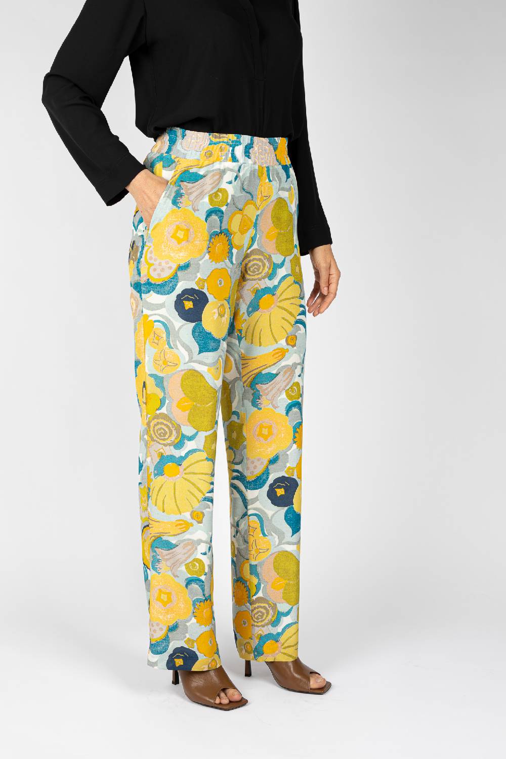 L.Pucci Pantaloni stampati disegno fiori sul giallo linea morbida da donna I Più Venduti