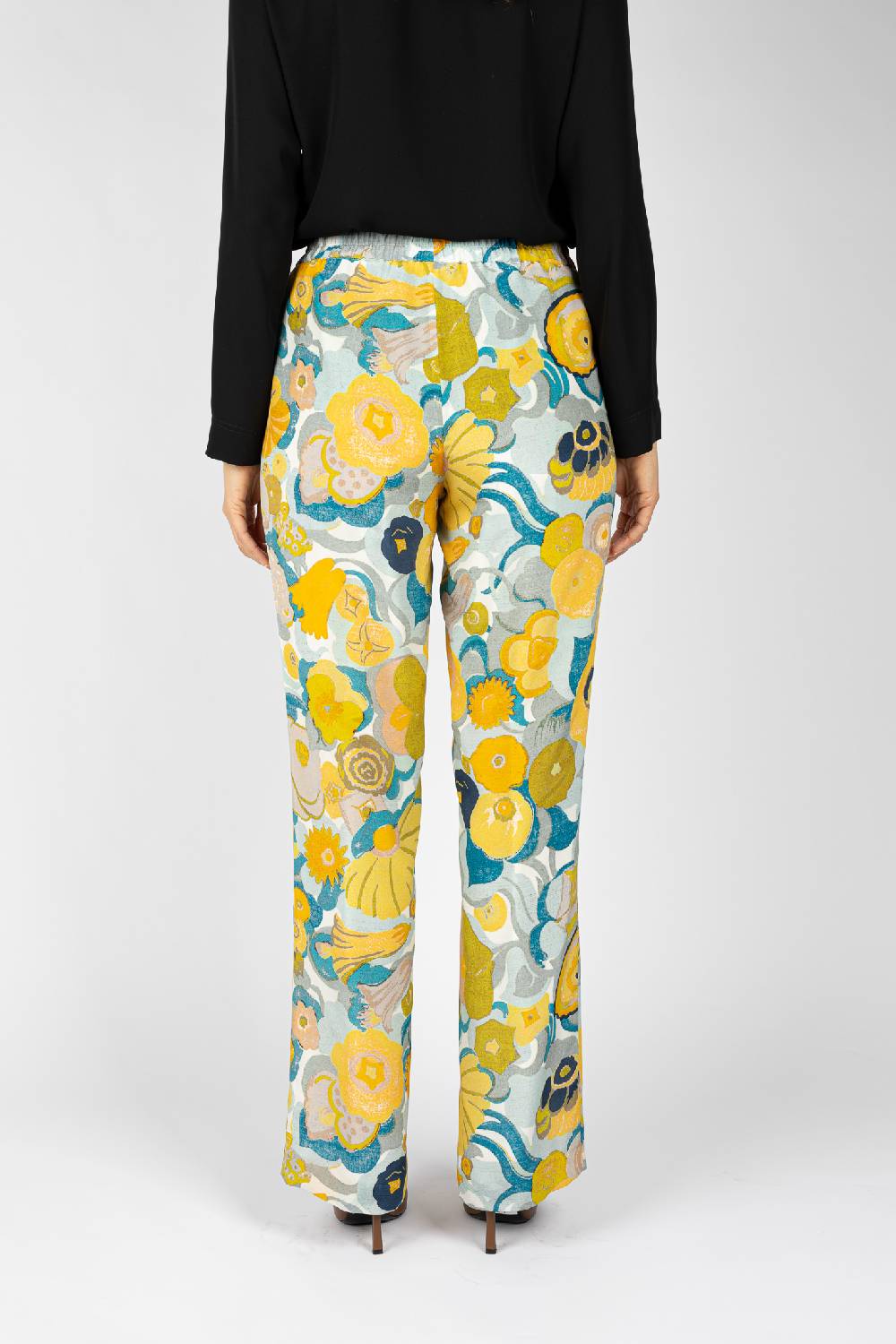 L.Pucci Pantaloni stampati disegno fiori sul giallo linea morbida da donna I Più Venduti