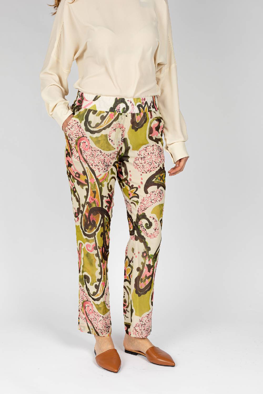 L.Pucci Pantaloni stampati disegni cachemire beige verdi linea morbida da donna Vendite Flash