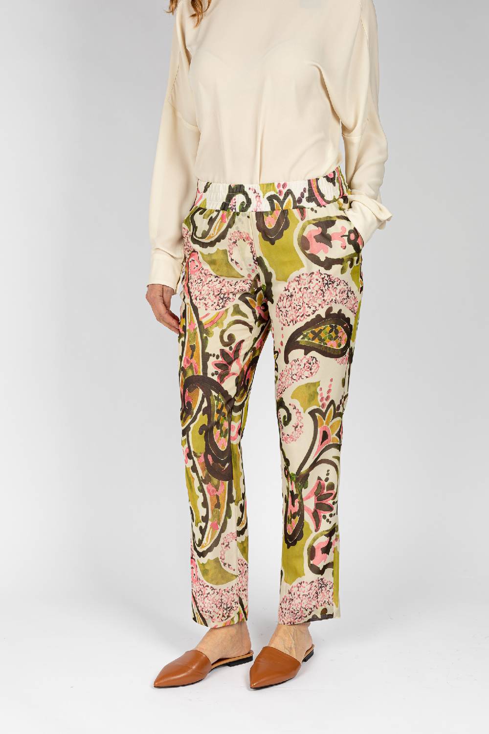 L.Pucci Pantaloni stampati disegni cachemire beige verdi linea morbida da donna Vendite Flash