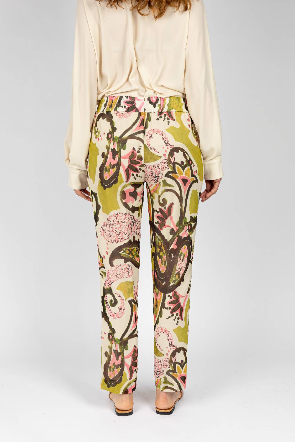 L.Pucci Pantaloni stampati disegni cachemire beige verdi linea morbida da donna Vendite Flash