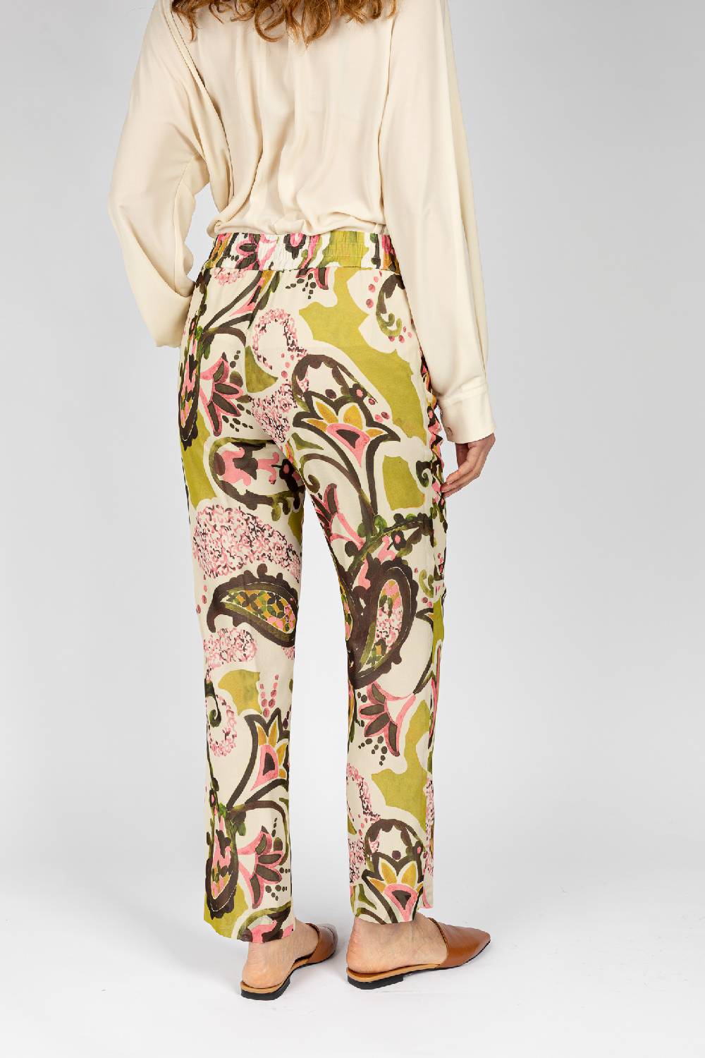 L.Pucci Pantaloni stampati disegni cachemire beige verdi linea morbida da donna Vendite Flash