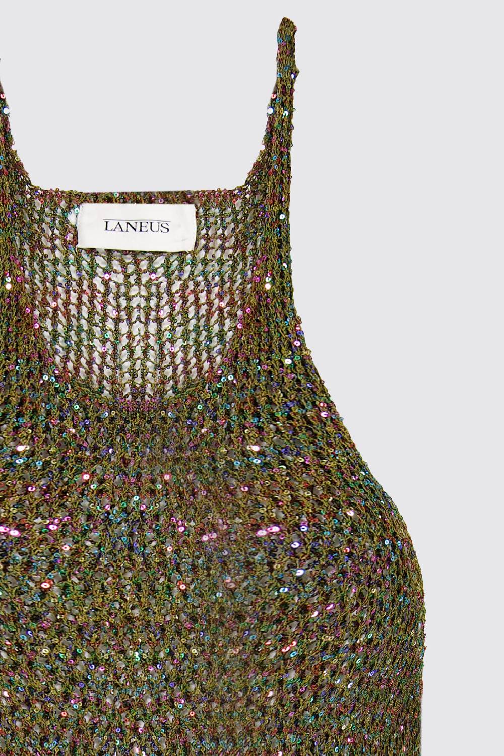 Laneus Lanues canotta in mesh military green con mini paillettes multicolor Sconto