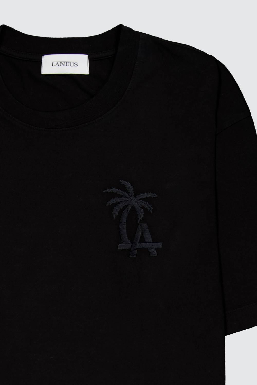 Laneus Laneus black t-shirt palm printed logo Saldi Di Fabbrica