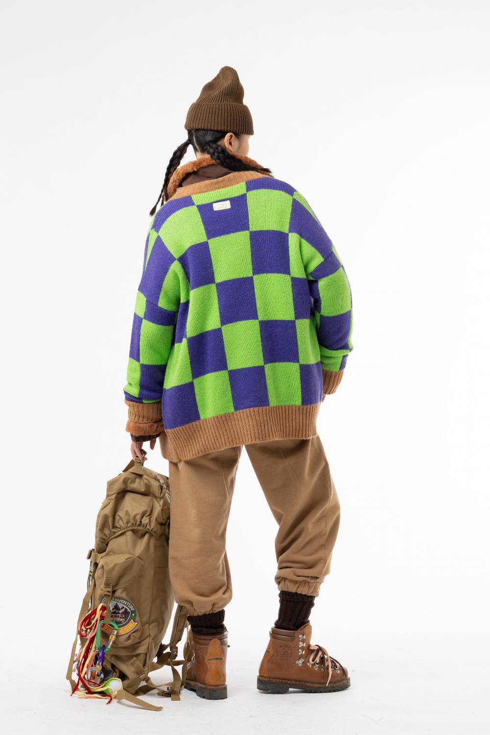 Lc23 Checkered Cardigan Green/Camel/Purple Italia