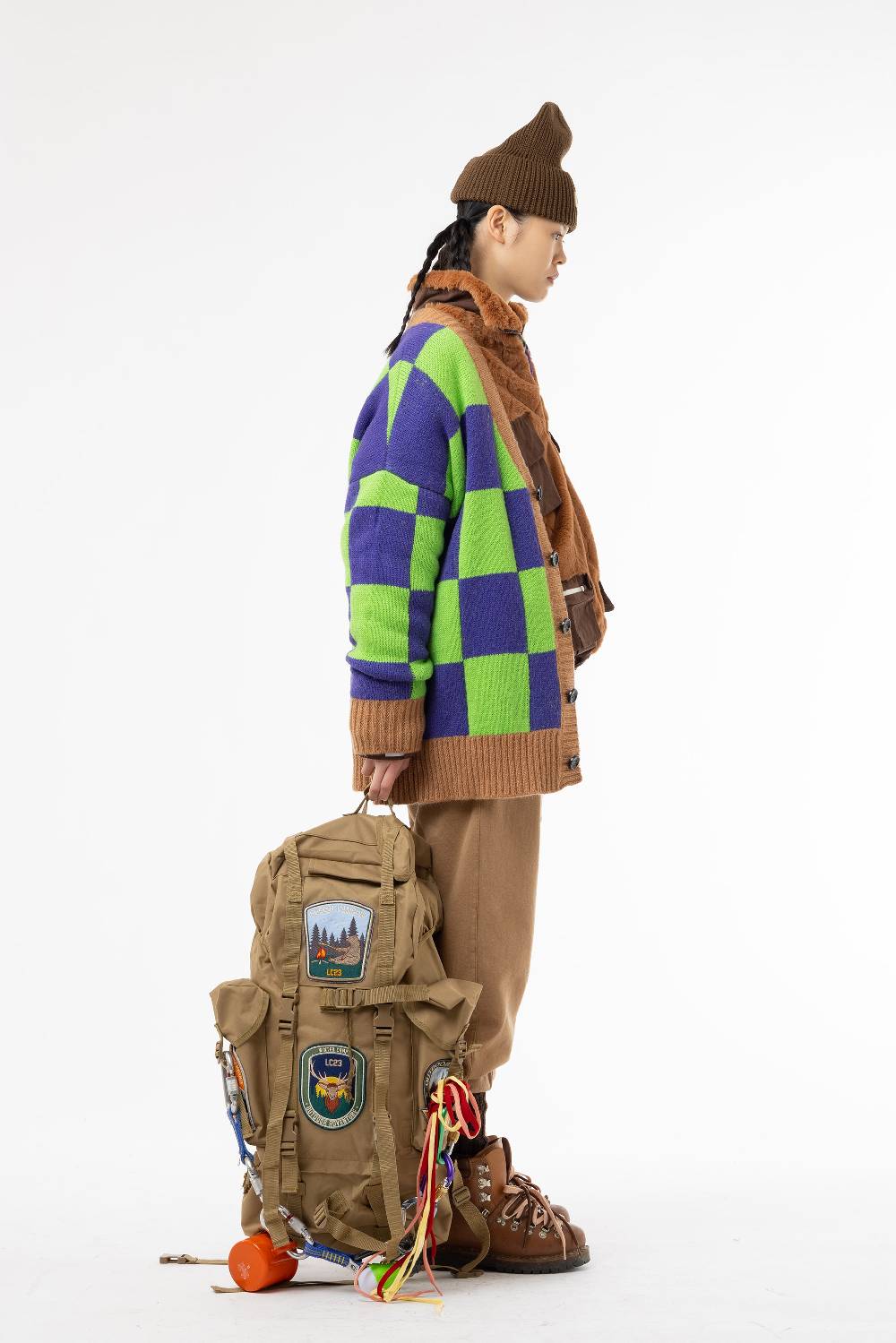 Lc23 Checkered Cardigan Green/Camel/Purple Italia