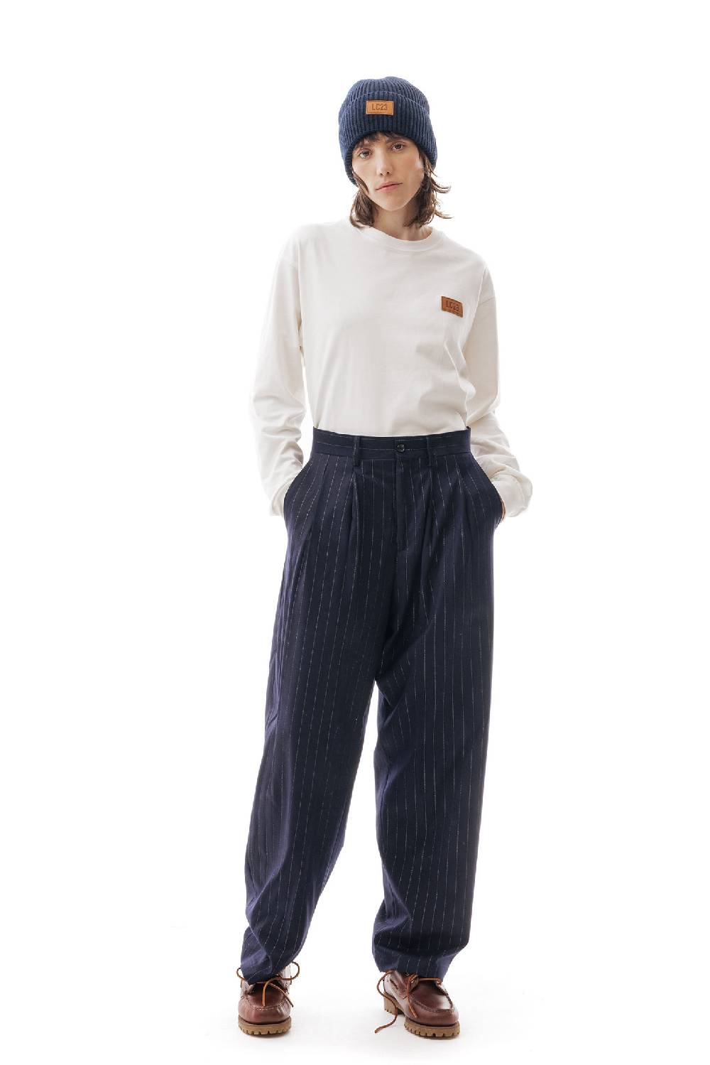 Lc23 Gessato Double Pence Trousers Navy Soddisfazione Garantita