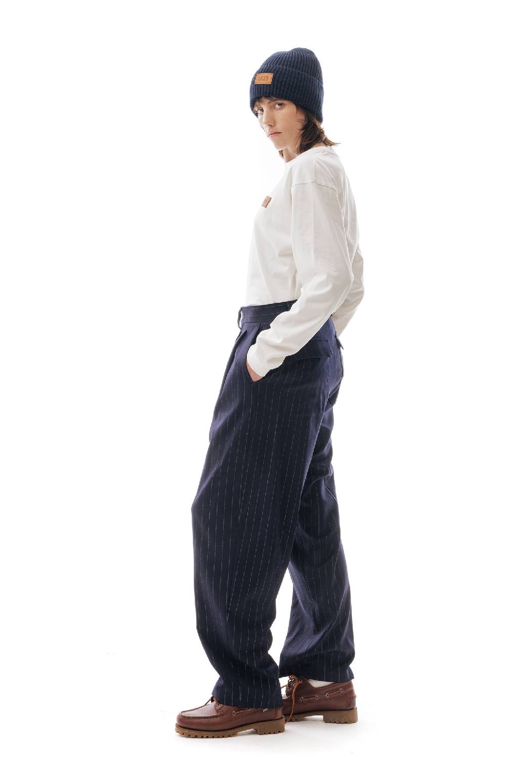Lc23 Gessato Double Pence Trousers Navy Soddisfazione Garantita