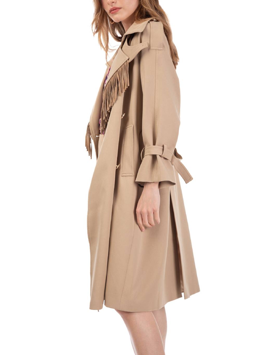﻿Le Volière Trench beige con frange in suede Fino Al -60%