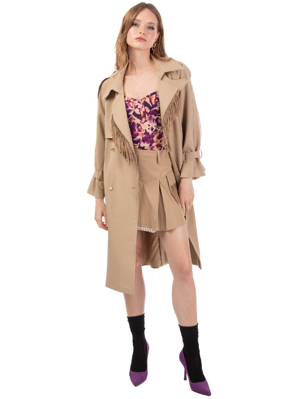 ﻿Le Volière Trench beige con frange in suede Fino Al -60%