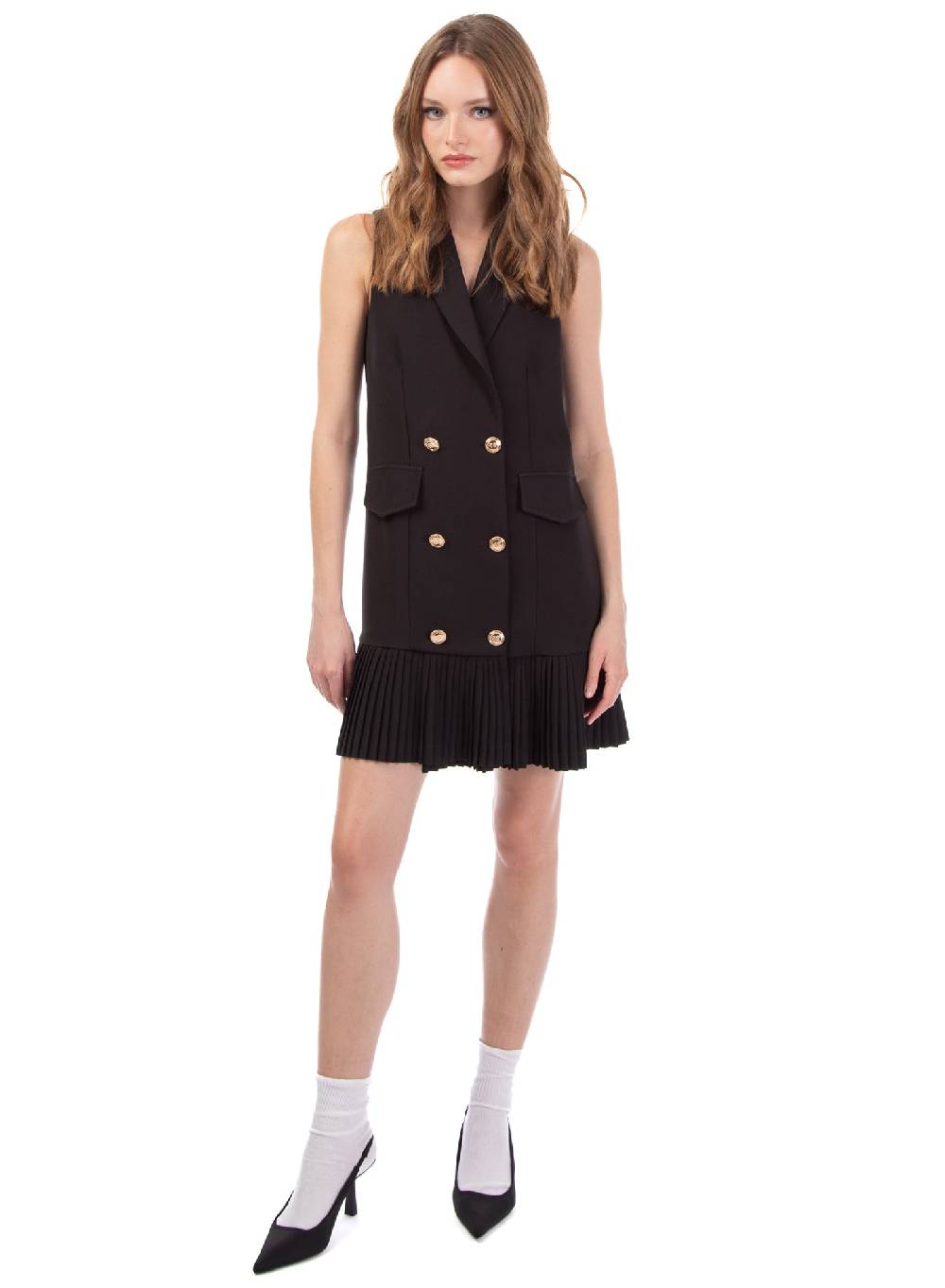 Le Volière Vestito blazer smanicato beige o nero con plissè Prezzo Ridotto