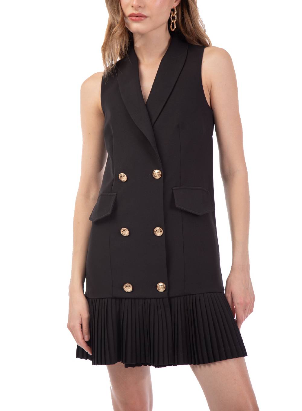 Le Volière Vestito blazer smanicato beige o nero con plissè Prezzo Ridotto