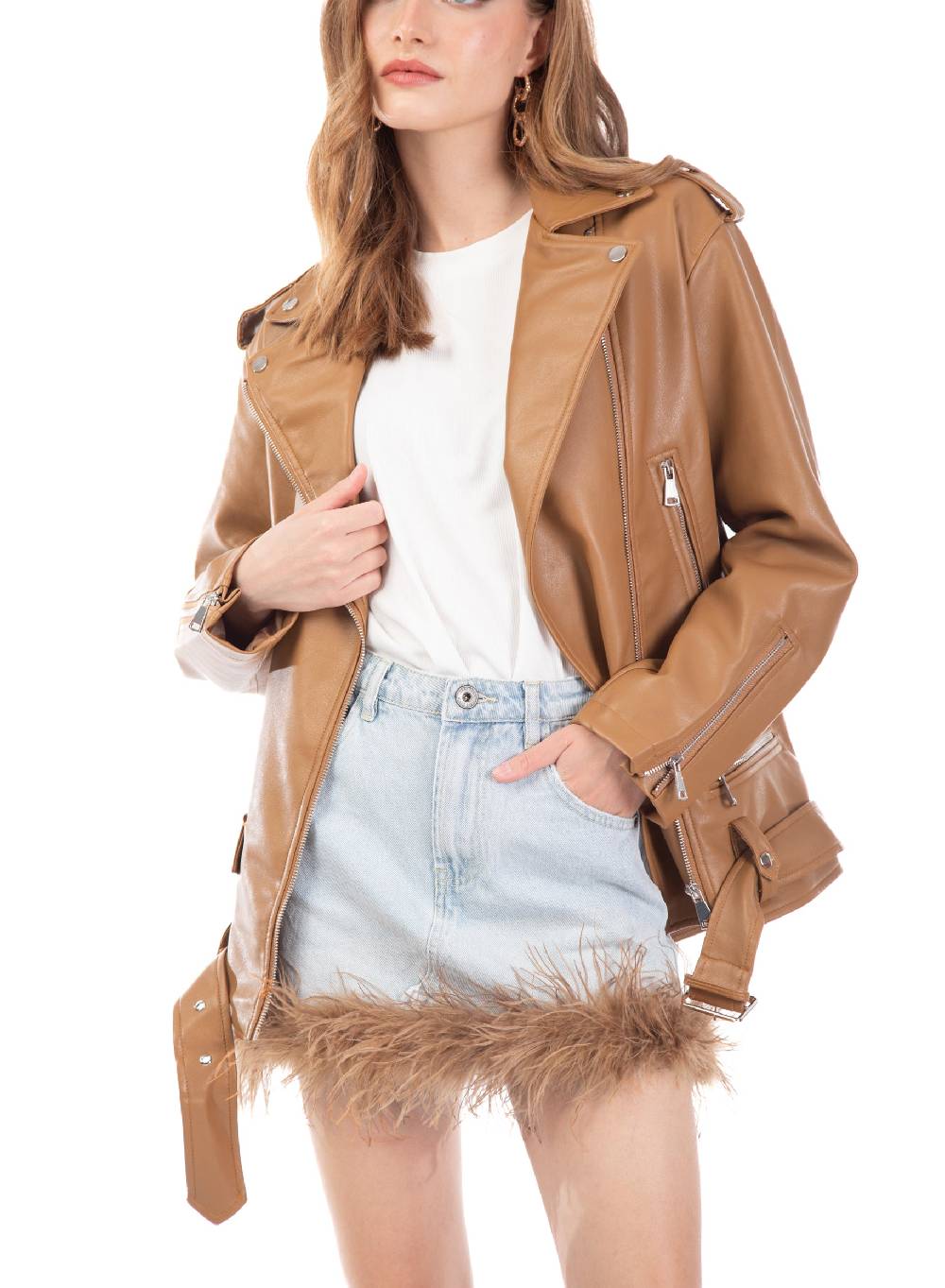 Le Volière Giacca oversize in ecopelle beige Offerta