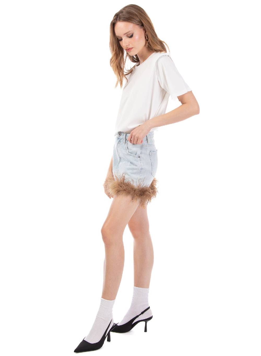 Le Volière Gonna in denim con piume beige Outlet