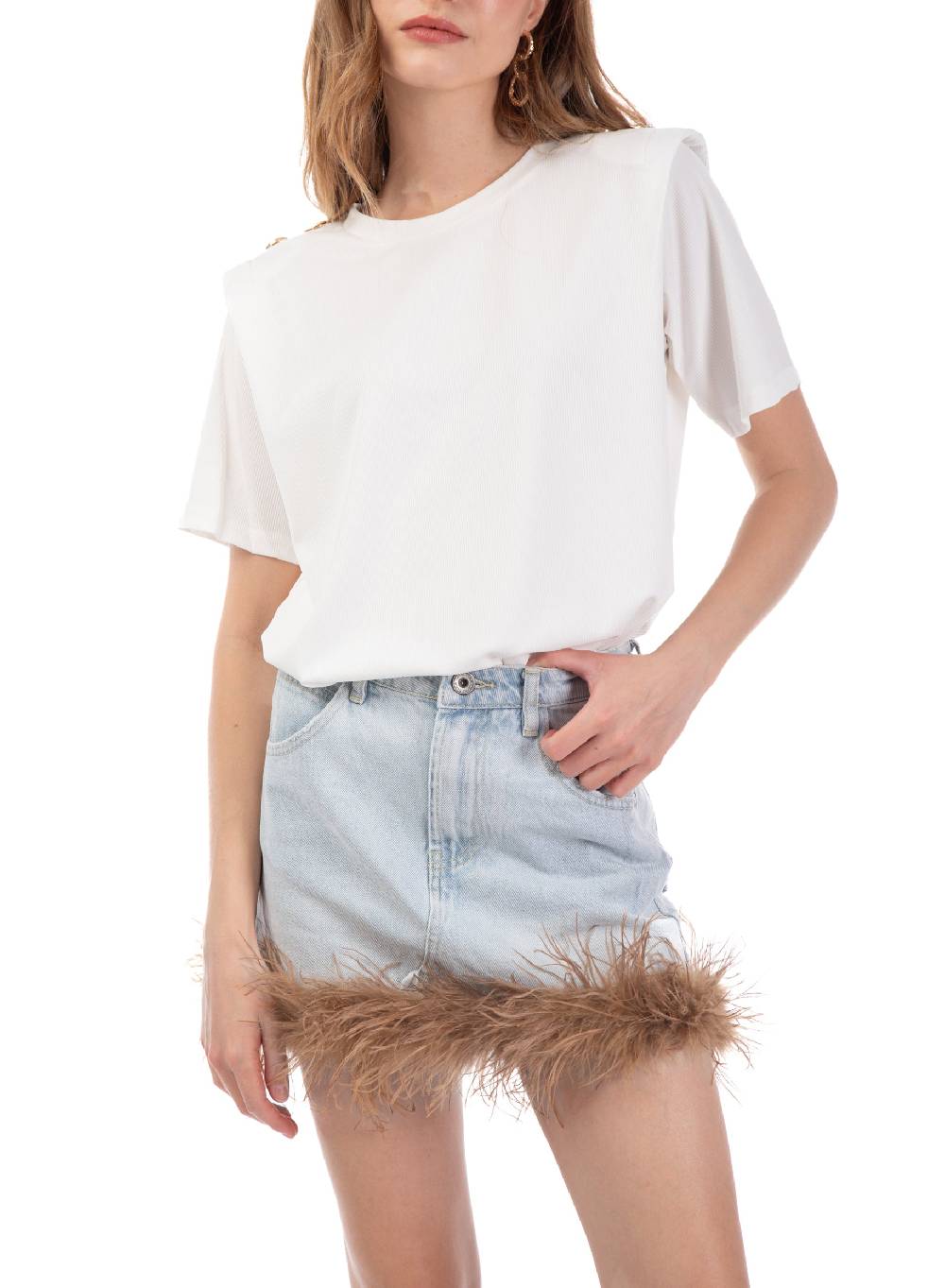 Le Volière Gonna in denim con piume beige Outlet