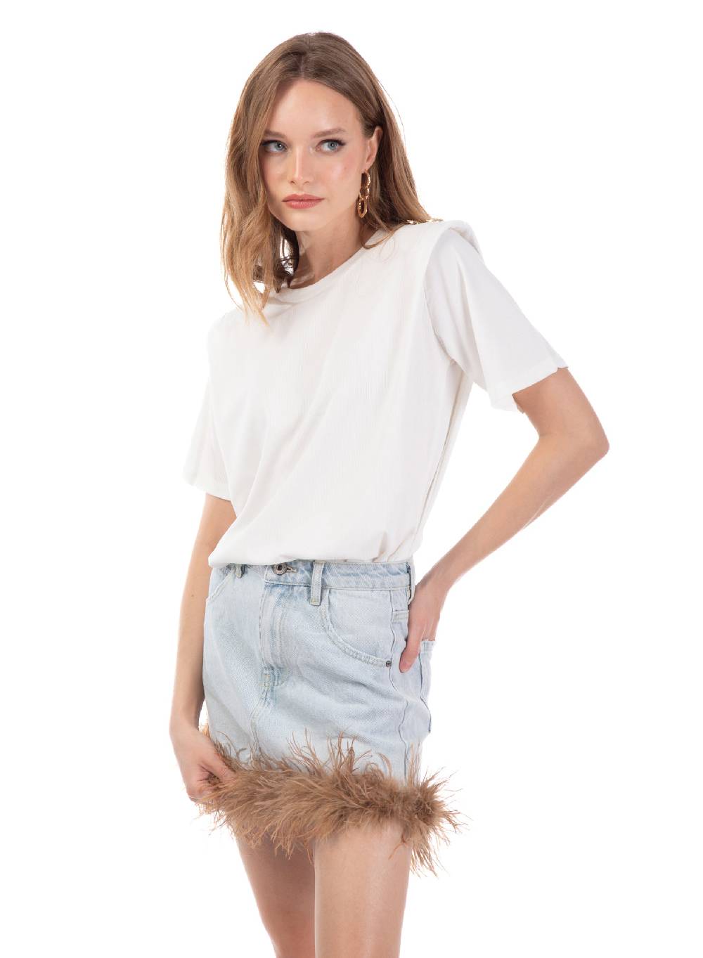 Le Volière Gonna in denim con piume beige Outlet