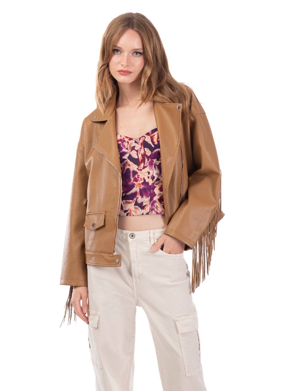 Le Volière Giacca oversize con frange in ecopelle beige Saldi