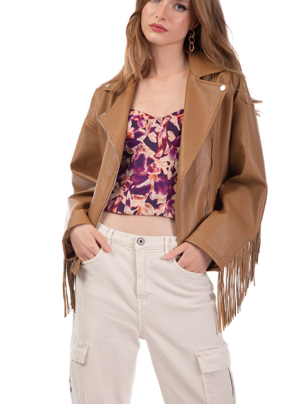 Le Volière Giacca oversize con frange in ecopelle beige Saldi